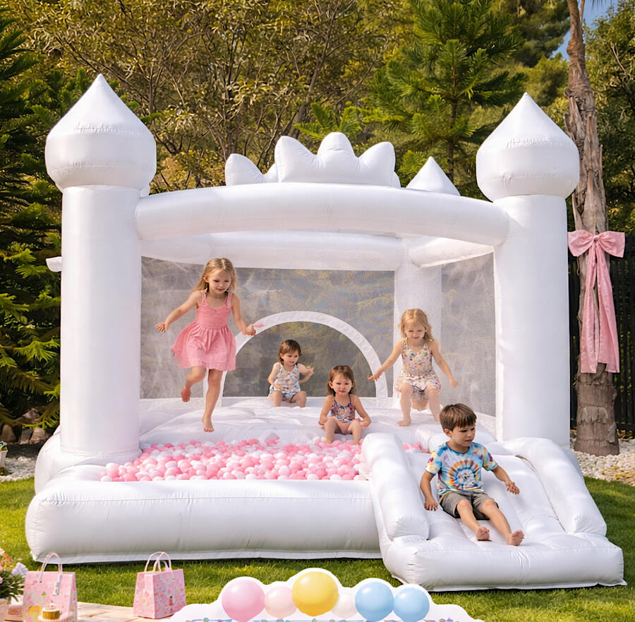 Bounce Castle House - A beautiful white bounce castle where kids can jump, slide, and play in style. Safe, fun, and picture-perfect — the ultimate addition to any kids’ party.