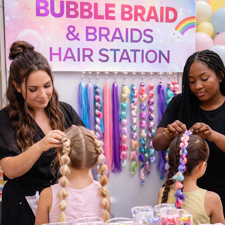 Bubble Braids &amp; Hair Station - A fun and stylish braiding experience where kids choose colorful extensions, bubble braids, and trendy styles. Creative, vibrant, and the perfect glam touch for any party.
