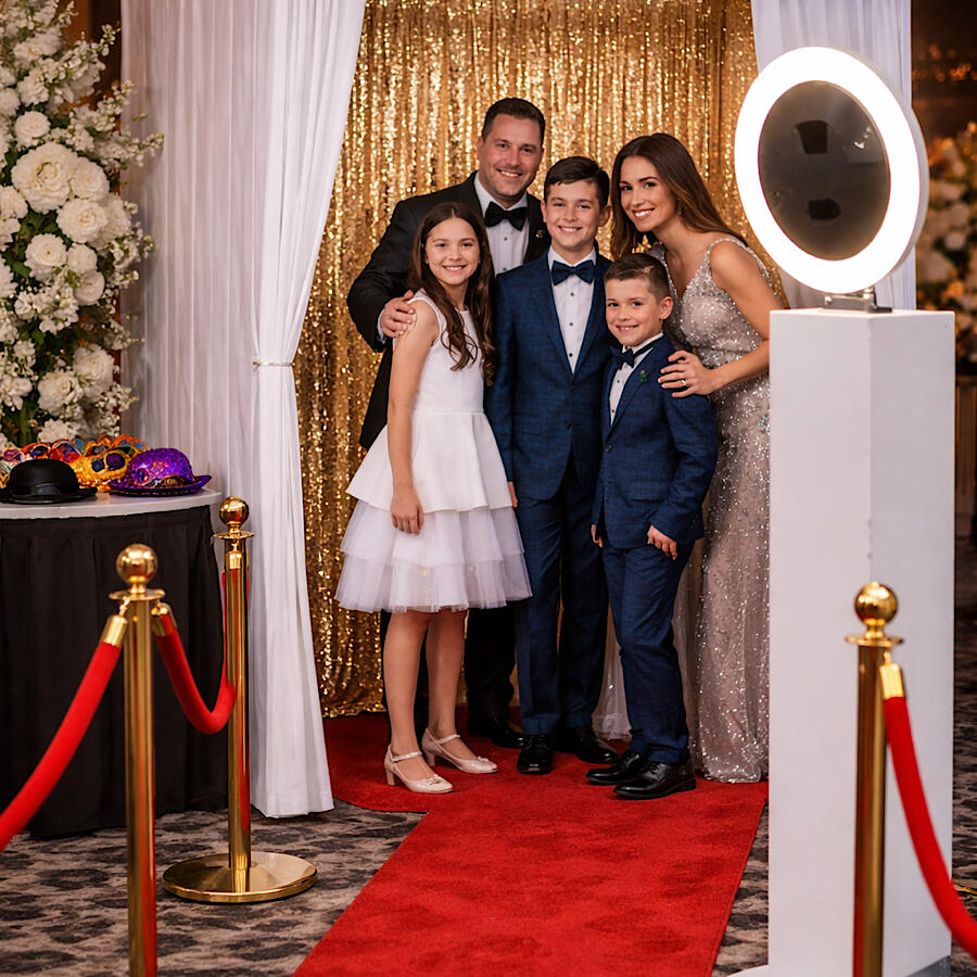 Luxury Photo Booth Experience - Our elegant halo ring photo booth with a stunning backdrop and red carpet setup brings timeless glamour to your event.Perfect for Bar &amp; Bat Mitzvahs, weddings, and birthdays. creating beautiful memories your guests will love